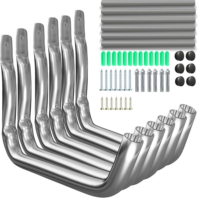 6 Pack Garage Hooks Heavy Duty, 15" 100LB Stainless Steel Wall Mount Kayak Storage Rack with EVA Pads for Hanging Indoor/Outdoor, Garage Storage Organizer for Hang Ladders Folding Chair Bike