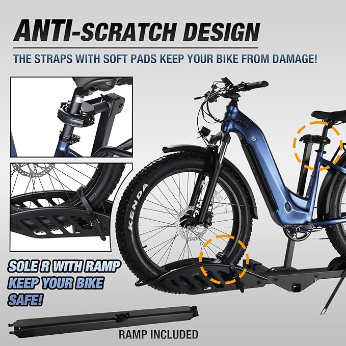 Sole R 1-Bike Rack, Hitch-Mount Platform E-Bike Rack with Ramp, 100 lbs Capacity, Fits Car, SUV, Truck, RV, Van with 2-Inch Receiver and Up to 5-Inch Fat Tires Bicycle