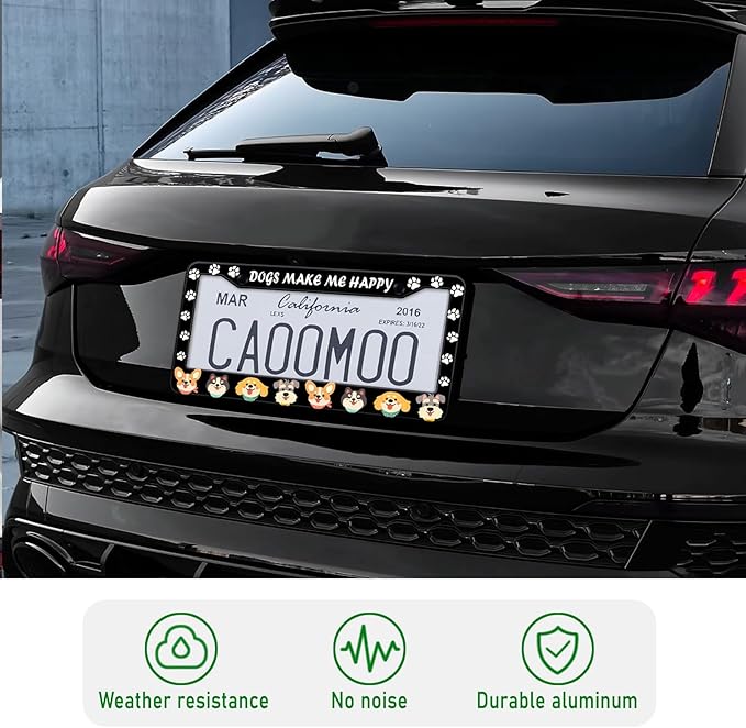 Dogs License Plate Frame, Lovely Puppies Dogs Paws Printed License Plate Holder Cover, Dogs Make Me Happy Metal Aluminum Rustproof Car Accessories for Women Men 2 Holes with Screw Caps