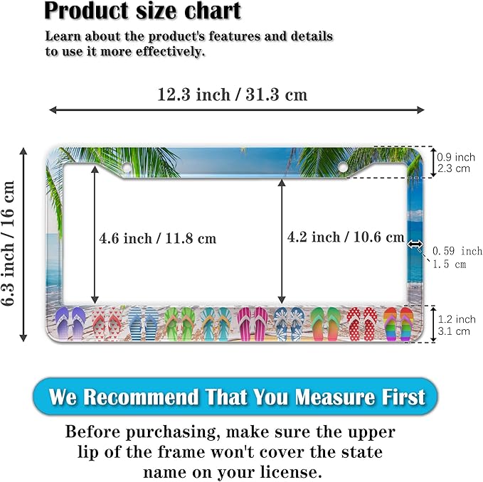 License Plate Frames Multicolor Car License Plate Frame Hawaii Beach Flip Flops Aluminum Metal Car Accessory 2 Pack with Screw Covers Set