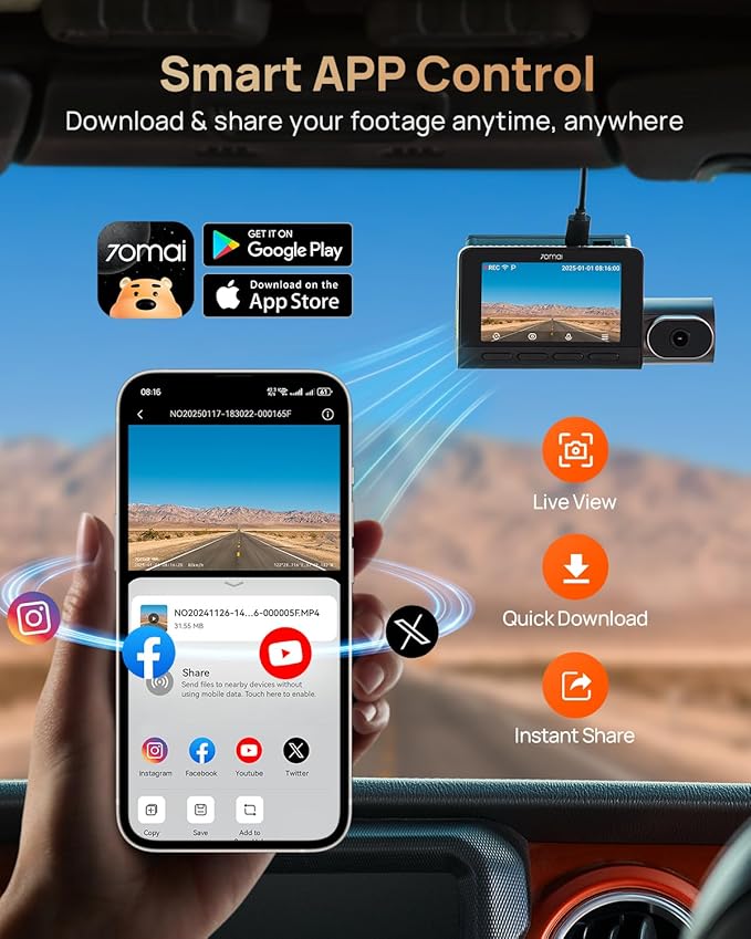 70mai 4K T800 3 Channel Dash Cam, Dash Cam Front and Rear Inside(2160P+2160P+1080P), STARVIS 2 IMX678, HDR Night Vision, Dash Camera for Cars with 512GB Card, WiFi 6, 4G LTE, ADAS, 24H Parking Mode