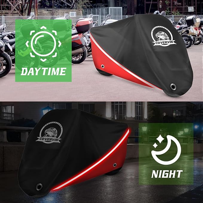 COVERVIN Motorcycle Cover, All Weather Outdoor Waterproof Night Protection with Reflective Strips, Locking Holes and Storage Bag for 104 Inch Suzuki, Kawasaki, Honda, Harley-Davidson(Red XXL)
