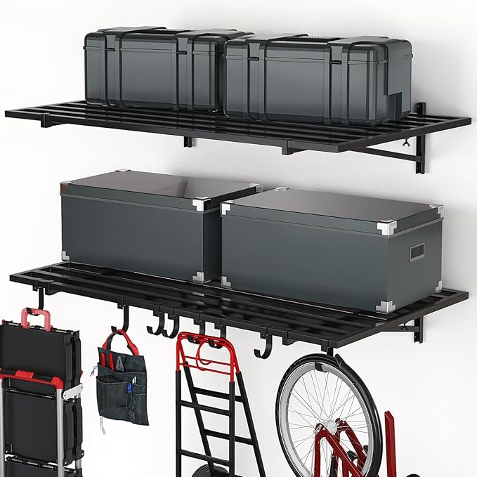 2 Pack Heavy Duty Garage Wall Shelves, 2' x 4' Wall Mount Storage Shelf with Hooks, Wall Organization System, Holds 250 lbs Each
