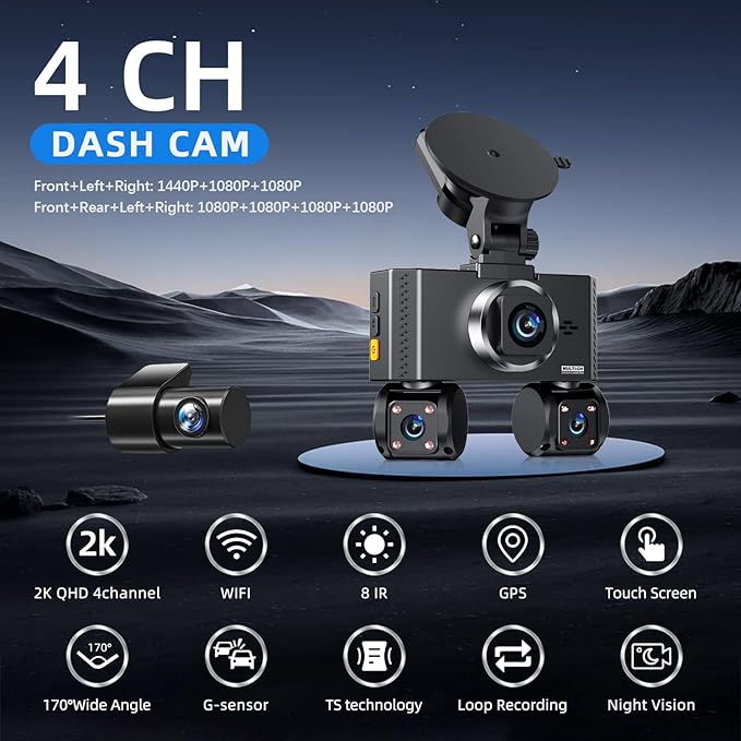 4 Channel Dash Cam Front and Rear, 360°Dash Camera for Car FHD 2K+3x1080P Touch Screen, 8 IR Night Vision, 5G WiFi, APP Control, G-Sensor, Loop Recording, Built-in GPS with 64GB Car, 24H Parking Mode