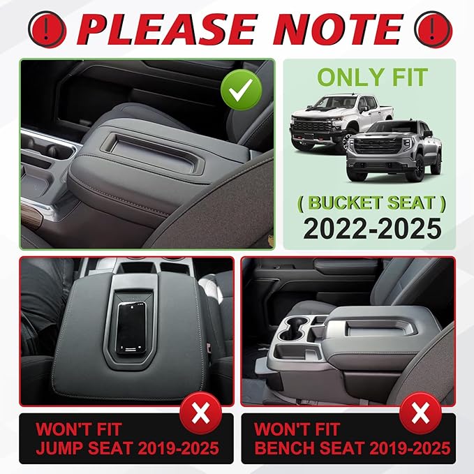 Muslogy Center Console Armrest Cover Compatible with Chevy Silverado & GMC Sierra 1500 2500 3500 2022-2025 Armrest Pad Arm Rest Cushion Vegan Leather Protector 1-Inch Extra Thick(Bucket Seat ONLY)