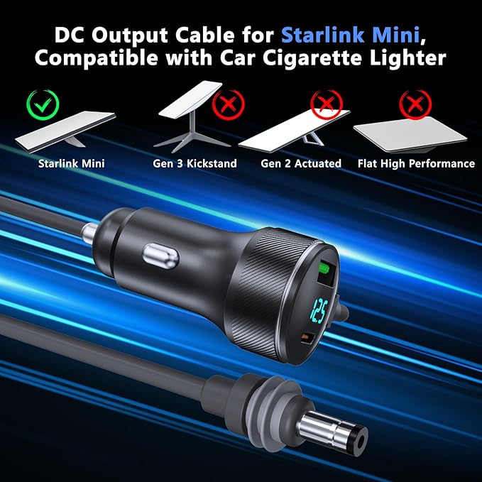 3-in-1 Starlink Mini Cable, Car Charger with Digital Display | 40W USB-C PD & 35W USB-A Ports | All-Weather Shielded Cable for RV, Truck, Boat (12V-48V) (9.8ft)