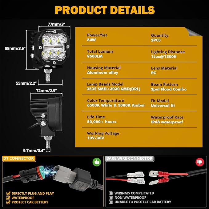 Auxbeam XP-Ultra Series 3 Inch LED Pod with DRL & Turn Signal 84W 9600LM Spot Flood Combo Ditch Lights Offroad Driving Amber Fog Light Bar with Black & Yellow Light Covers, Pair
