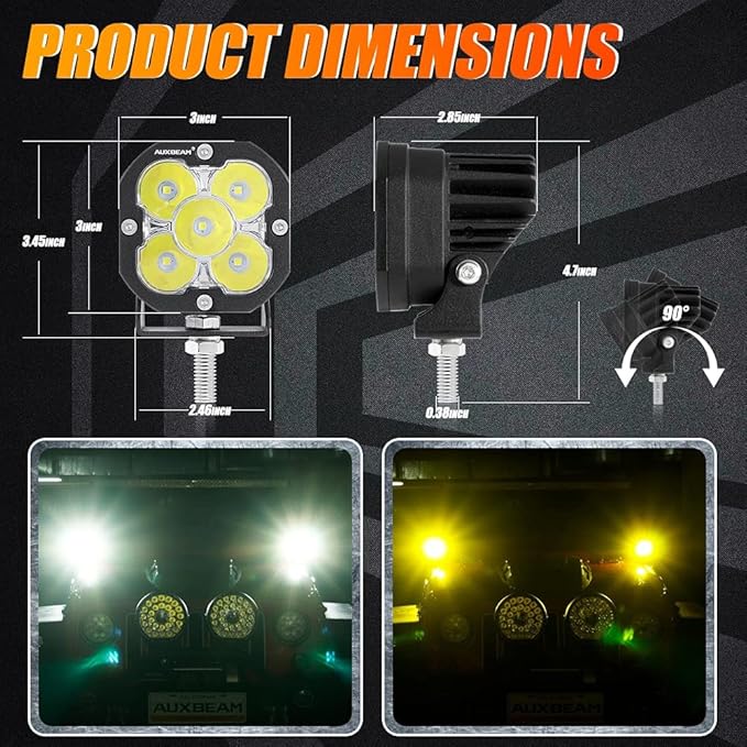 Auxbeam XP-Ultra Series 3 Inch LED Pods 80W 9600LM Offroad Driving Lights White Spot & Amber Combo Beam Ditch Light Bar Auxiliary Lights for Jeep Truck ATV UTV, Pair
