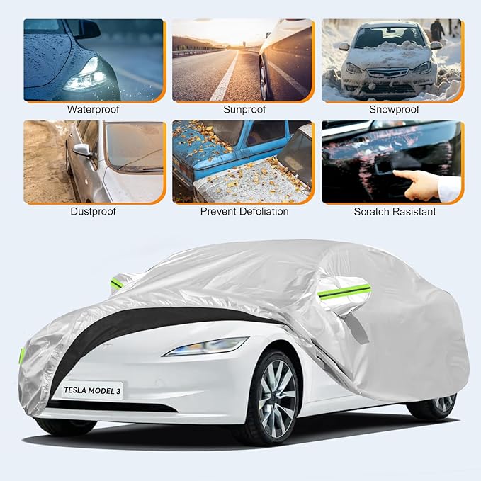 Custom Fit Car Cover for Tesla Model 3, All-Weather Protection, Anti-Scratch, Waterproof Blocks Rain/Sun/Snow/Dust
