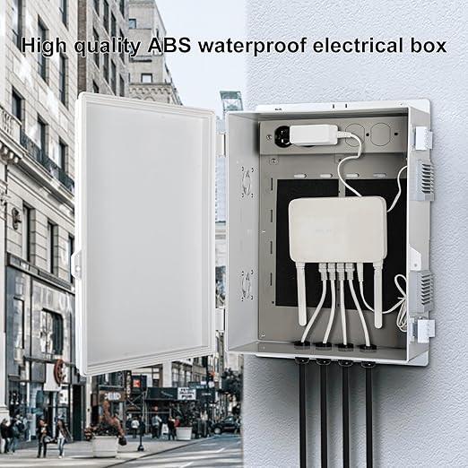 Outdoor Electrical Junction Box with High Power Outlet, 16" H* 12" L* 5.9" W, ABS Water Resistant Enclosure with Internal Mounting Panel & Hinged Cover.