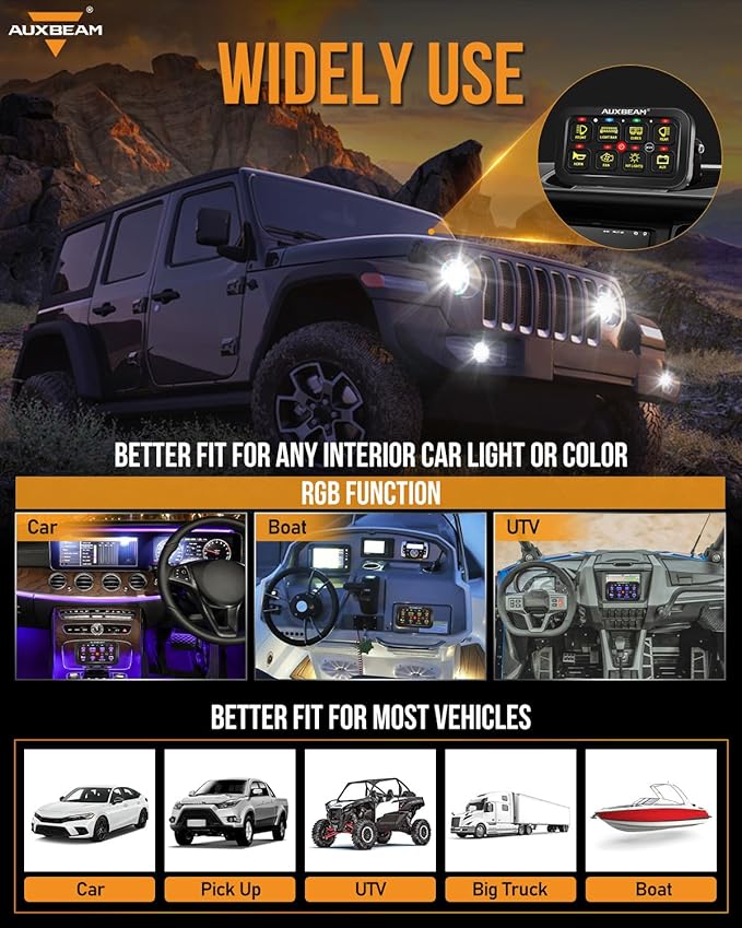 Auxbeam 8 Gang Switch Panel RB80 Toggle Momentary Pulsed RGB Dimmable Switch Panel Multifunction Panel Two Sided Output Marine Switch Panel IP65 Waterproof for Car Boat RV, 2 Years Warranty