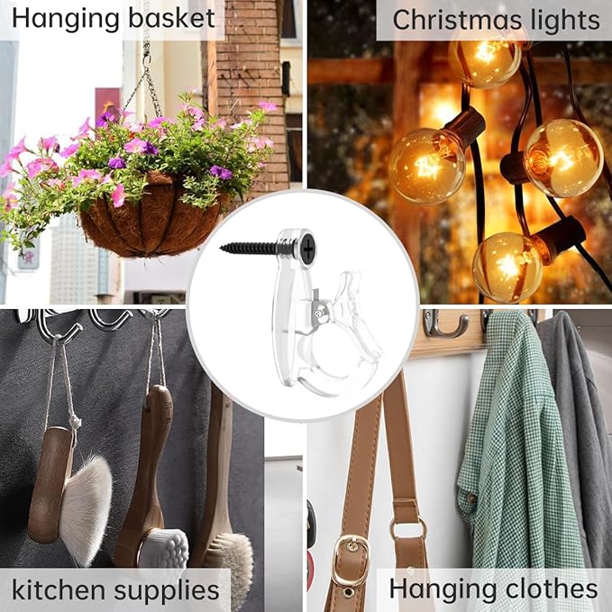 Light Hanger Hooks, Screw-in Hooks for Hanging String Lights, Wire, Plants, Wind Chimes - Plastic, Clear, 20 Pack
