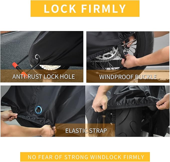 210D Motorcycle Cover All Season Waterproof Breathable Sun Outdoor Protection Three Reflective Tape with Lock-Holes & Storage Bag Bike Scooter Cover Universal (Black, 104''*41''*50'')