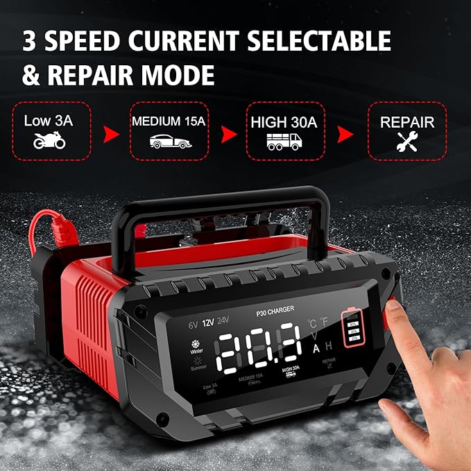 30 Amp Lithium Battery Charger,6V/12V/24V Lifepo4,Lead-Acid(AGM/Gel/SLA..) Portable Car Battery Charger,Battery Maintainer, Smart Trickle Charger, and Battery Desulfator for Car,Boat,Motorcycle…