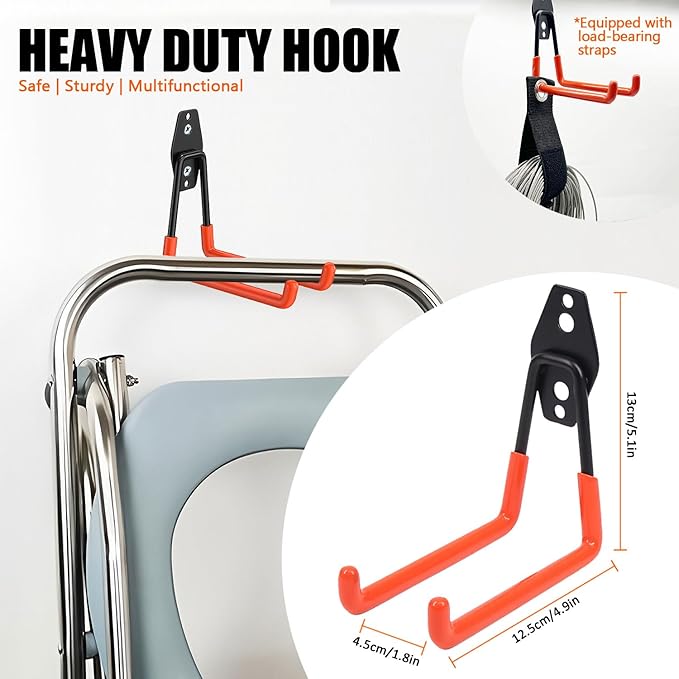 Heavy-Duty Garage Hooks -2 Pack Type medium J - Anti-Slip Coated Wall-Mounted Hooks Wall Mount Storage Organizer for Hanging Power and Garden Tools, Ladders, Hose, Bikes, Ropes, Bulk Items, and More