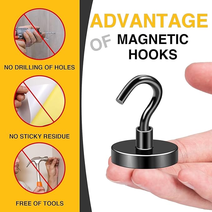 DIYMAG Black Magnetic Hooks, 118 LB Heavy Duty Strong Magnets with Hook, Rare Earth Neodymium Magnet for Cabins Cruise Ship Essentials 8 Packs