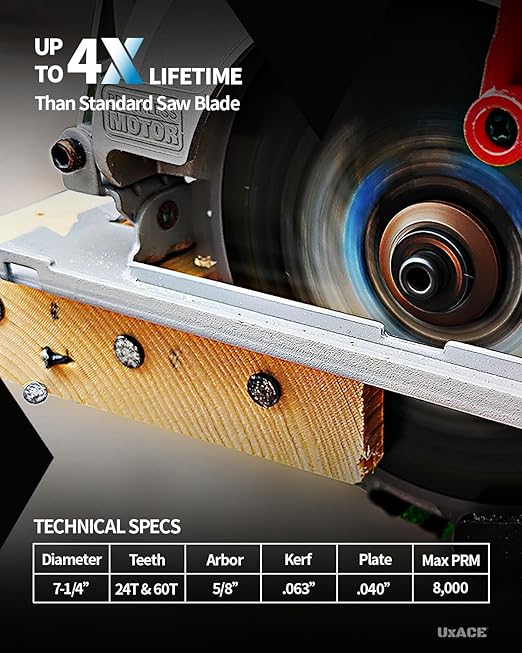 7-1/4-Inch 24&60-Tooth Circular Saw Blade with 5/8-Inch Arbor, Framing & Ultra Finish Wood Cutting, Carbide Tip, Thin Kerf, for Plywood, MDF, OSB, Laminated, 2 Pack