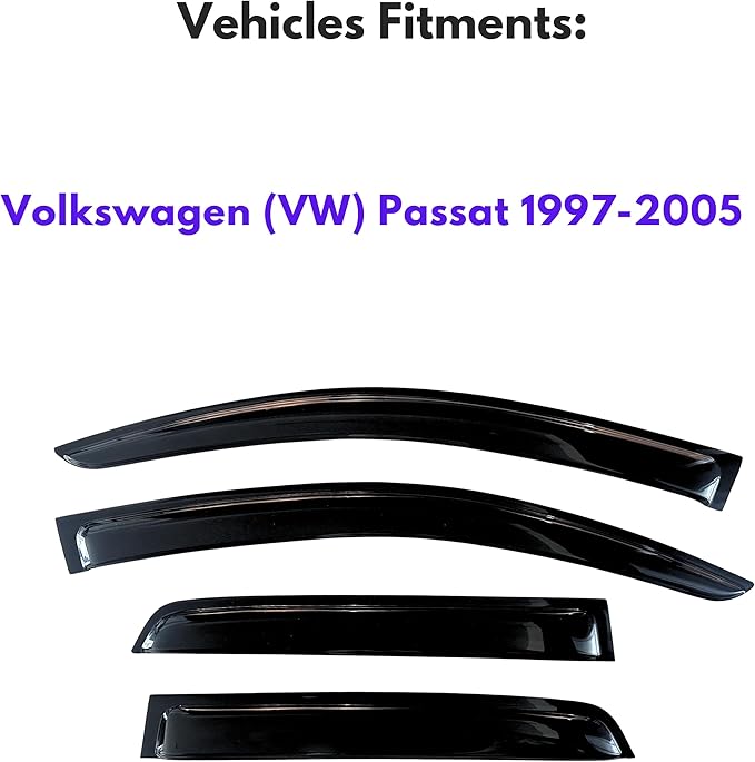KPY Window Visor Compatible with Volkswagen (VW) Passat 1997-2005, Rain Guard Window Vent Deflectors Tape-On Style, 1997 1998 1999 2000 2001 2002 2003 2004 2005
