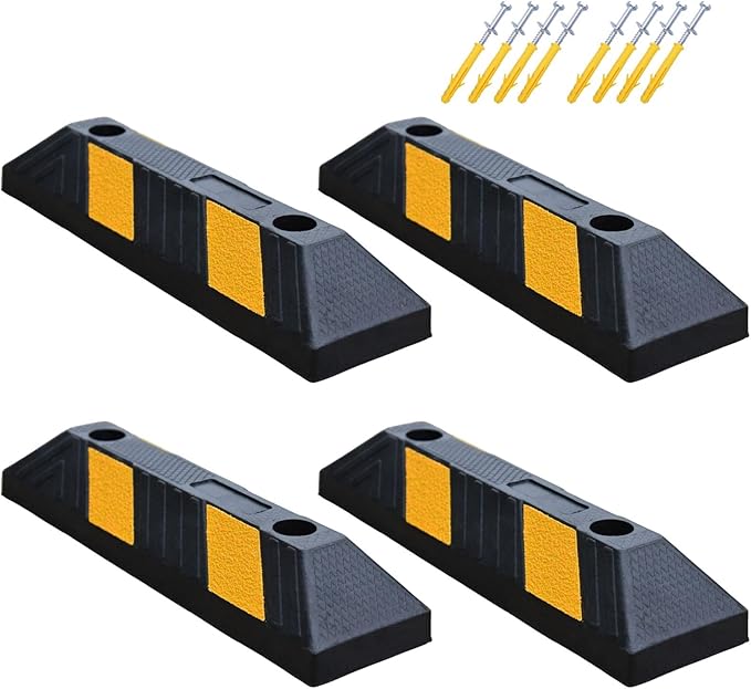 Heavy-Duty Parking Curb Wheel Stop - Driveway Vehicle Stopper for Cars, Trucks & RVs - Durable Rubber Car Barrier with Reflective Strip - Garage & Parking Lot Safety Curb Ramp (21" - 4Pack)