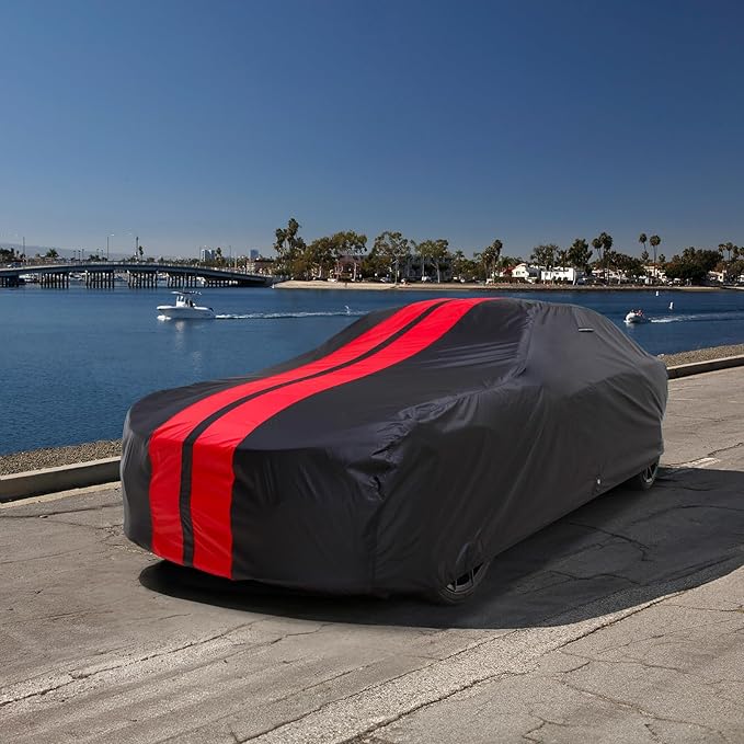 iCarCover Custom Car Cover for Chevy Nova Wagon (1962-1967) Waterproof All Weather Rain Snow UV Sun Protector Full Exterior Indoor Outdoor Car Cover (Stripe - Black/Red)