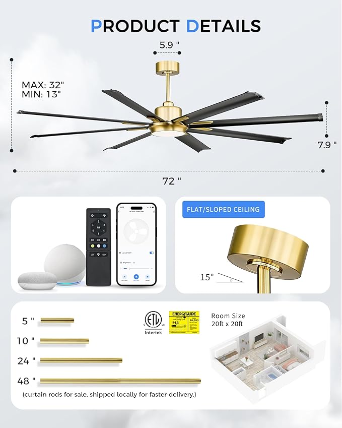 Industrial Ceiling Fan With Light,72 Inch Black & Gold Ceiling Fan With 8 Aluminium Metal Blades,Works with Voice Control,Ideal for Garage and Outdoor Spaces,CF04BGB-72