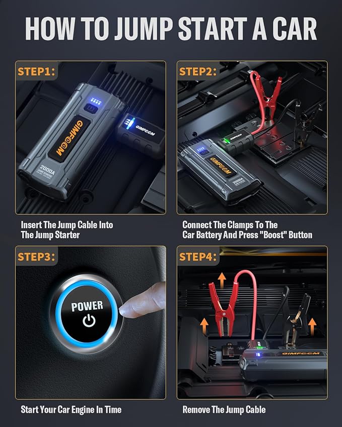 Jump Starter, 2000A Car Battery Jump Starter for Up to 9.0L Gas or 7.5L Diesel Engines, 12V Portable Car Jump Starter Battery Pack, Jump Box with 400 Lumens LED Light/Dual USB Output