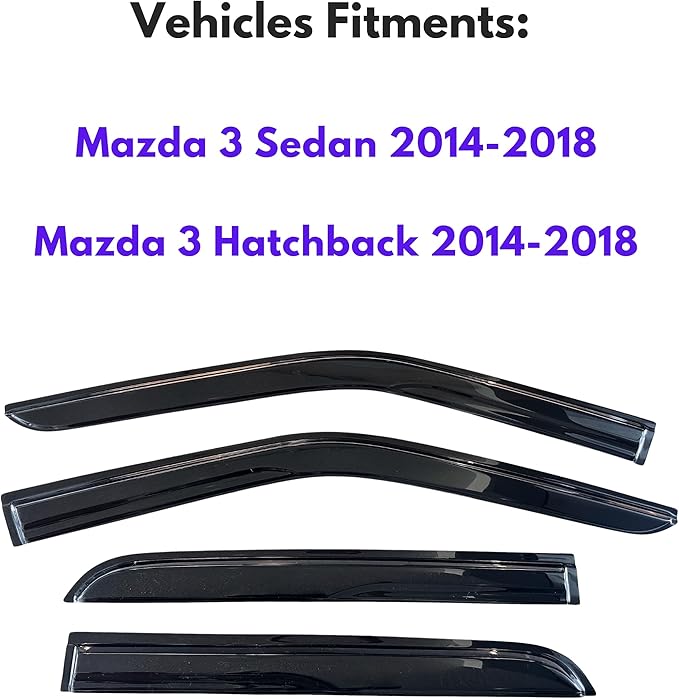 KPY Window Visor Compatible with Mazda 3 Sedan & Hatchback 2014-2018, 4PC Rain Guard Side Window Vent Deflectors Tape-On Mugen Style, 2014 2015 2016 2017 2018