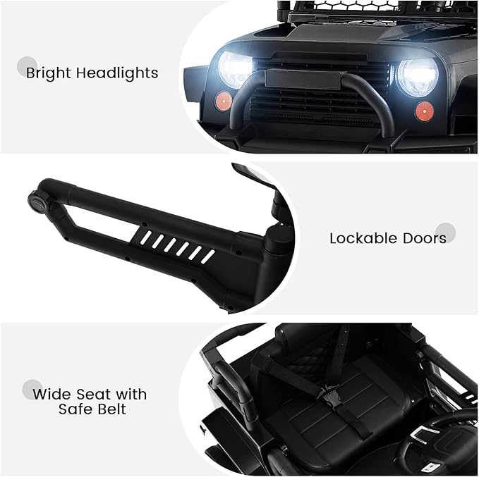 OLAKIDS Kids Ride On Truck, 12V Electric Vehicle Jeep Car with Remote Control, Toddlers Battery Powered Toy with 2 Speeds, Spring Suspension, Double Open Doors, LED Lights, Music, TF, USB, Mp3 (Black)