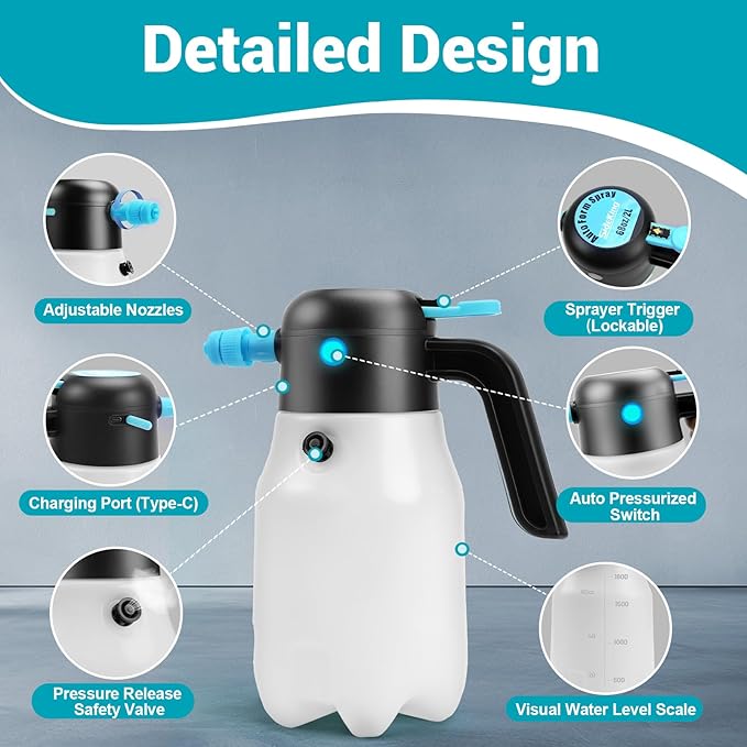 Electric Foam Sprayer Car Wash, 60PSI Foam Sprayer Auto Pressurized with 2 Nozzles(Foam/Water Stream), Built-in 7.4V Pump, 2x2000mAh Battery, for Car Wash, Window Cleaning, Garden&Home Use-68oz/2L