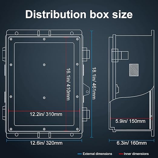Outdoor Electrical Junction Box with High Power Outlet, ABS Water Resistant Enclosure with Internal Mounting Panel & Hinged Cover. (18.1" H* 12.6" L* 6.3" W & Outlet)