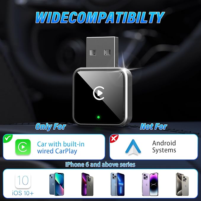 Wireless CarPlay Adapter for Apple iPhone, Converts Wired to CarPlay Wireless Adapter, Plug & Play, Easy Use, Fast Stable Connection, for Apple iPhone iOS 10+ and Cars