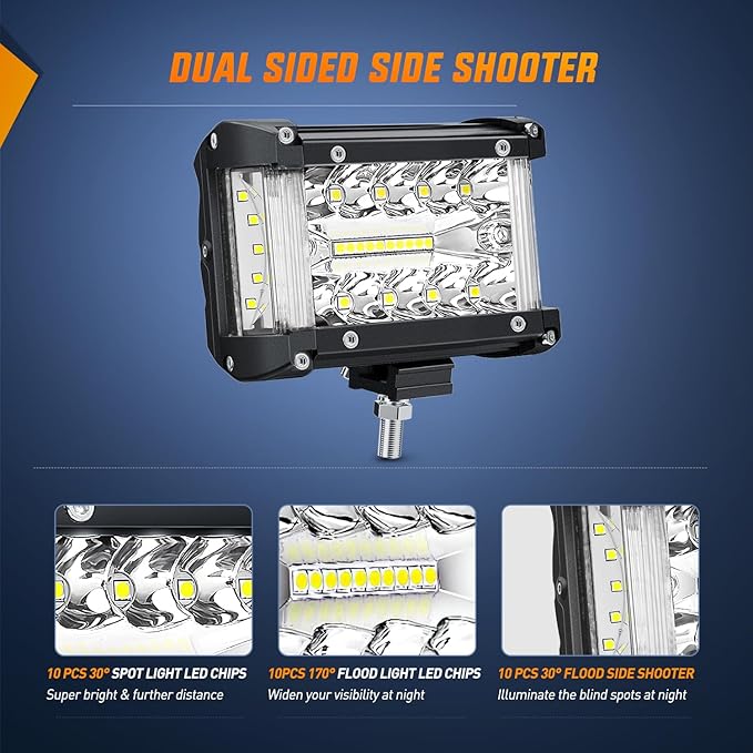 Nilight Side Shooter LED Light Bar 2PCS 4.3 Inch Triple Row Spot Flood Combo with Wiring Harness Kit for Off Road Driving Fog Work Lamp on Truck SUV ATV UTV