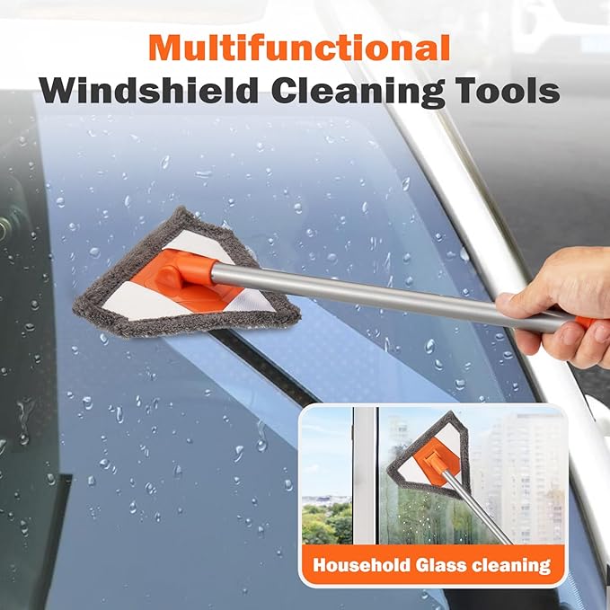 Conliwell Windshield Interior Cleaner Tool - Auto Glass Wash Brush with 2 Washable and Reusable Microfiber Pads | Car Accessories Interior Cleaning Kit for Trucks, SUVs, RVs & Home Windows