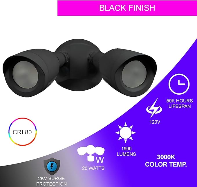 Ciata Flood Lights Outdoor, 20-Watt LED Bullet Head Security Flood Lights, Dual Head, RoHS and FCC Complaint, IP65 Rated, 1900 Lumens, 2KV Surge Protection, Die-Cast Aluminum in Black Finish – 3000K