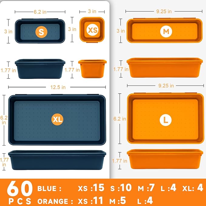 Tool Box Organizer Tray, Toolbox Desk Drawer Organizer, Tool Box Tray, Toolbox Organization Storage for Rolling Tool Chest (60PCS (Blue+Orange))