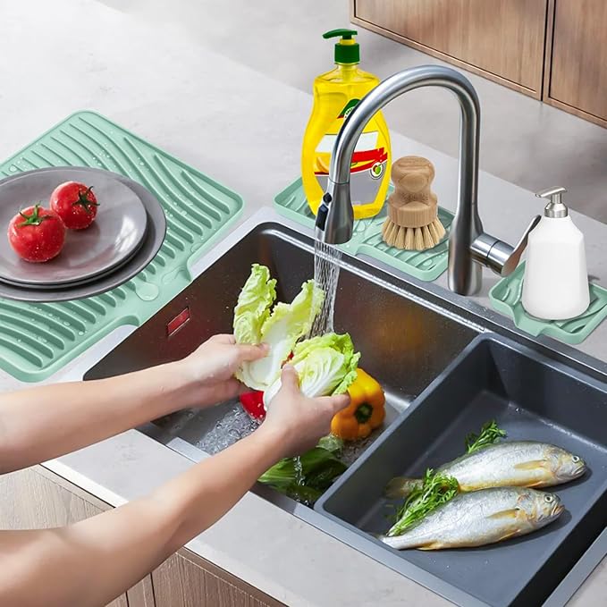 Silicone Dish Drying Mat for Kitchen Counter, Dish Drying Pad, Non-Slip Drain Pad with Built-in Drain, Heat Resistant Stone Drying Mat, 3 pcs (Mint)