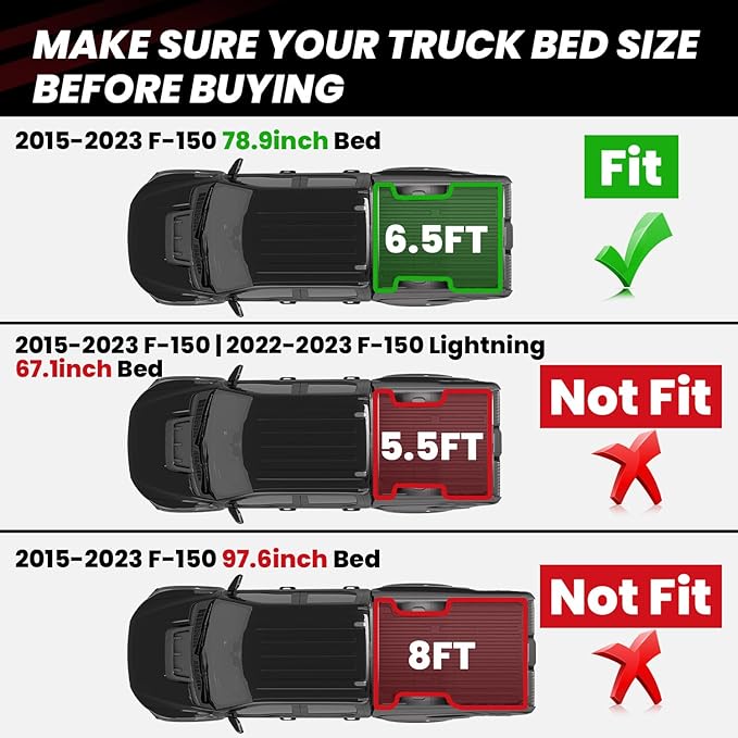 LASFIT Bed Mat for Ford F-150 (6.5ft, 78.9in) 2015-2025(Not for Pro Access Tailgate or Bed w/Side Storage), Custom Fit All Weather Protector Durable TPE Truck Bed Liner Easy Clean- Black