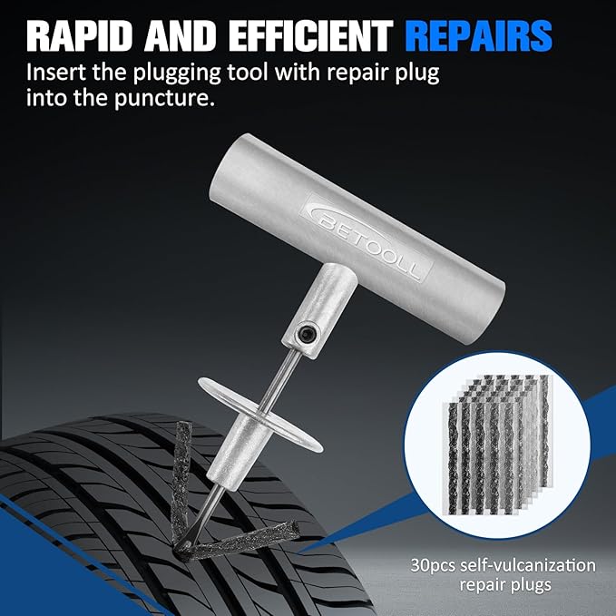 BETOOLL Tire Repair Kit, 44 Pcs Professional Heavy Duty Universal Emergency Flat Tire Repair Kit to Fix Punctures, for car Motorcycle, Truck, Golf Cart, ATV, Tractor, ARB, RV, SUV, Trailer etc.