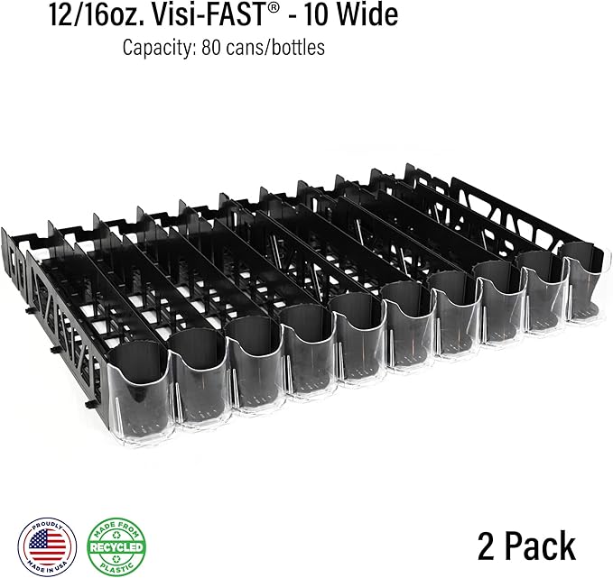 Visi-FAST Spring Push Drink Dispenser, Refrigerator Organizers and Storage for 12/16 oz Beverages, Bottles, and Cans, Drink Dispenser for Fridge, Commercial and Home, (Pack of 2)