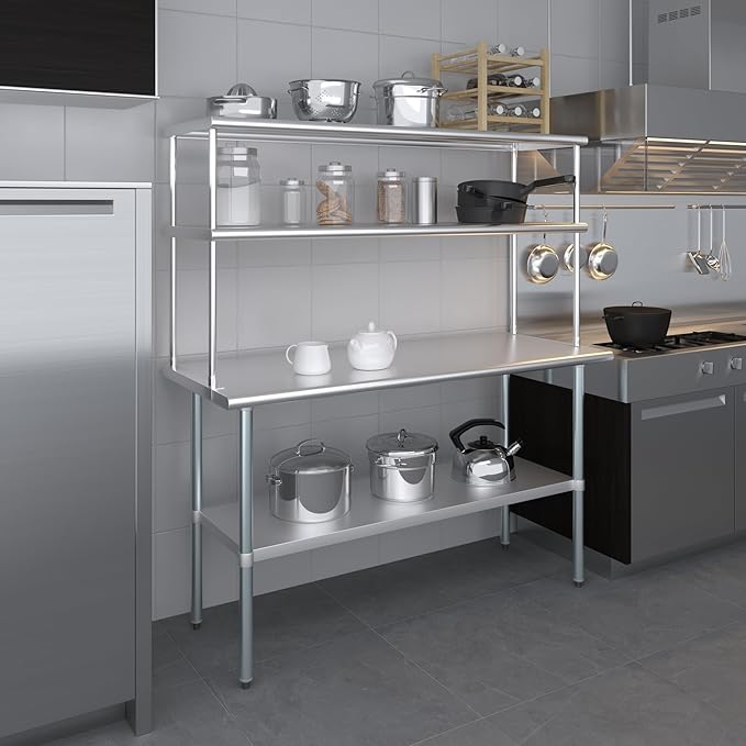 Amgood Stainless Steel Work Table Double Tier Overshelf | Metal Kitchen Prep Table & Shelving Combo (24" x 60" Work Table + 18" Overshelf)