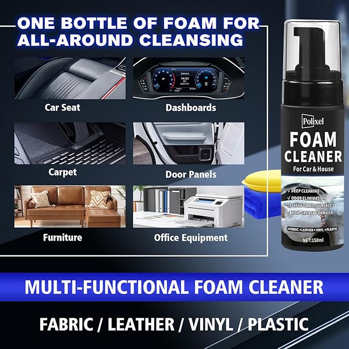 Multifunctional Foam Cleaner for Car - Car Interior Cleaner & Deep Stain Remover for Home, Powerful Foam Removes Dirt and Stains from Seat, Fabric and Carpets - 5oz / 150ml