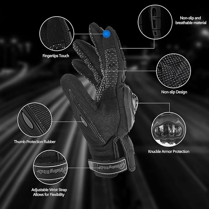 Motorcycle Gloves for Men and Women Full Finger Touchscreen Mountain Dirt Bike Gloves for Powersports BMX ATV MTB Driving Motocross Cycling Gloves(M, Black)