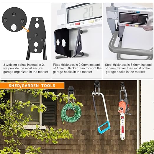 3-H Heavy Duty Garage Hooks [8 Pack] - 3-Round Welding Tech Holds 22lbs More - Thickened Steel Wall Mount for Ladders, Tools & Storage - Rustproof Utility Hardware