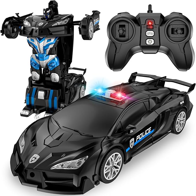 Remote Control Car for Boys 4-7, 2.4GHz RC Car 1:18 Scale, One-Button Transforming Toy with 360° Spins, LED Lights（Black）
