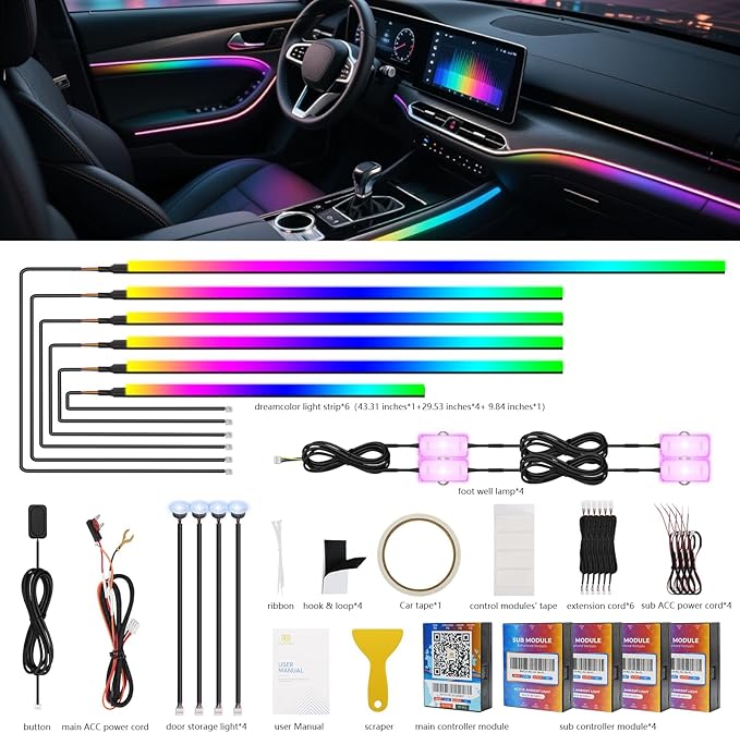 2025 Upgraded Dreamcolor Acrylic Interior Car LED Strip Light with Self-Developed App Dreamcolor RGB 14 in 1 | Dual Zone Control | Super Brighter Strips | Music Sync Ambient Lighting Car Interior