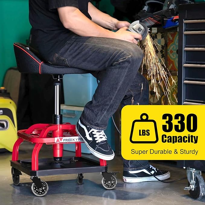 Rolling Shop Stool with Wheels, Garage Work Mechanic Stool with Backrest, Roller Mechanic Chair, Adjustable Height, 360° Swivel, Tool Tray Storage, 330 LBS Capacity, Heavy Duty, Red