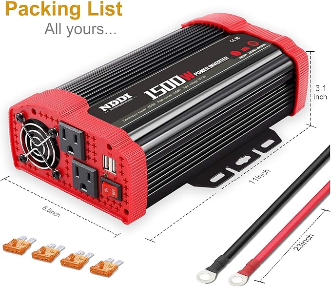 1500W Car Power Inverter 12V DC to 110V AC Car Converter Charger Adapter with Dual 3.1A USB Port and AC Outlets Quick Charging