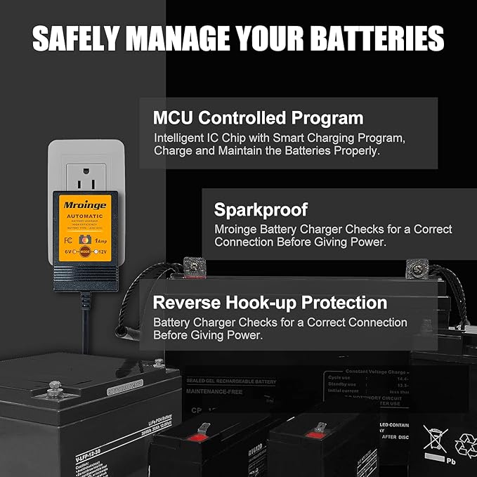 MBC016, 6V / 12V 1A Fully Automatic Trickle Battery Charger/Maintainer for Automotive Vehicle Motorcycle Lawn Mower ATV RV Powersport Boat, Sealed Deep-Cycle AGM Gel Cell Lead Acid Batteries