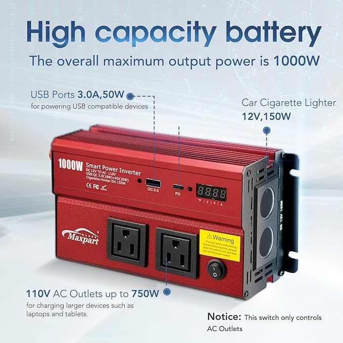 TWING Car 1000w Inverter,12v DC to 110v Power Inverters for Vehicles 1000 watt with Dual AC Outlets 3.0A USB and Type-C,12 Volt Inverter Car Cigarette Lighter Battery