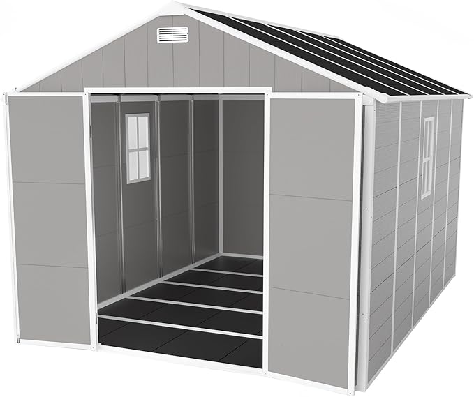 Resin Storage Shed 10x8 ft, Large Outdoor Sheds with Floor, Lockable Doors and Vents, HD Window, 12mm Thick pp Board, Garden Storage Tool Shed for Backyard Patio Lawn (Grey, 10 * 8ft)